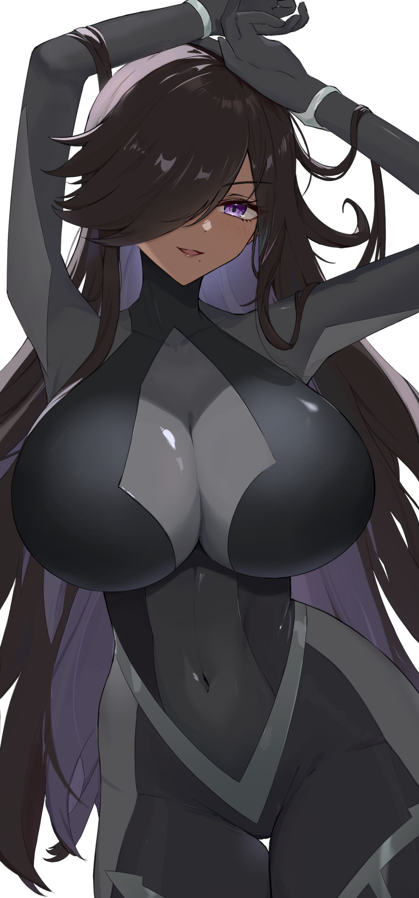 1girl absurdres arms_up black_bodysuit black_hair bodysuit breasts commission covered_collarbone covered_navel dark-skinned_female dark_skin hair_over_one_eye highres large_breasts long_bangs long_hair looking_at_viewer purple_eyes solo tan tatakau_ni_atai_suru tumugi_sunohara very_long_hair zara_moussa