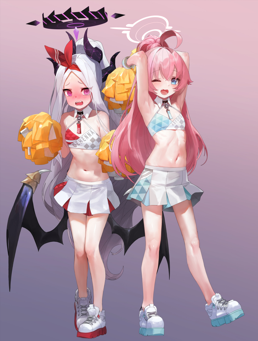 2girls @_@ ahoge armpits arms_behind_head black_horns black_wings blue_archive blue_eyes blush cheerleader crop_top embarrassed fang flat_chest gradient_background halo highres hina_(blue_archive) holding holding_pom_poms horns hoshino_(blue_archive) long_hair looking_at_viewer low_wings midriff mo_ne multiple_girls multiple_horns navel one_eye_closed open_mouth pink_hair pleated_skirt pom_pom_(cheerleading) pom_poms purple_eyes shoes skirt sneakers standing teeth upper_teeth_only very_long_hair white_hair white_skirt wings