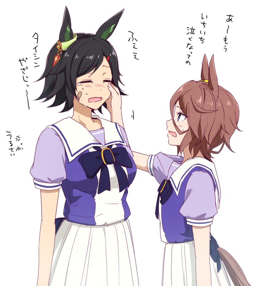 2girls animal_ears ayame_iro_(toumei_dolce) bandaid bandaid_on_cheek bandaid_on_face black_hair blue_eyes bow bowtie breasts brown_hair closed_eyes commentary_request ear_ornament hair_ornament hairclip hand_on_another&#039;s_cheek hand_on_another&#039;s_face highres horse_ears horse_girl horse_tail light_blush looking_at_another multiple_girls narita_taishin_(umamusume) open_mouth purple_bow purple_bowtie purple_shirt sailor_collar sailor_shirt school_uniform shirt short_hair short_sleeves simple_background skirt swept_bangs tail tearing_up tracen_school_uniform translation_request umamusume upper_body white_background white_skirt winning_ticket_(umamusume)