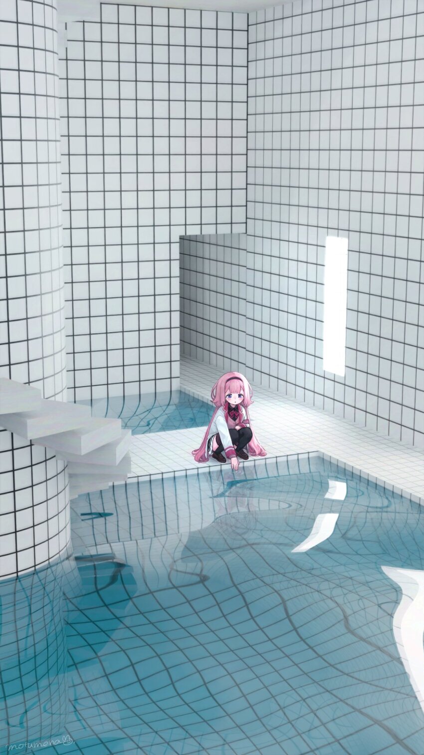 1girl backrooms_(creepypasta) black_hairband black_shirt dream_pool hairband highres jacket liminal_space long_hair long_sleeves looking_at_viewer motu_mena nijisanji pink_hair pool school_uniform selene_girls_school_uniform shirt solo suo_sango suo_sango_(1st_costume) virtual_youtuber white_jacket
