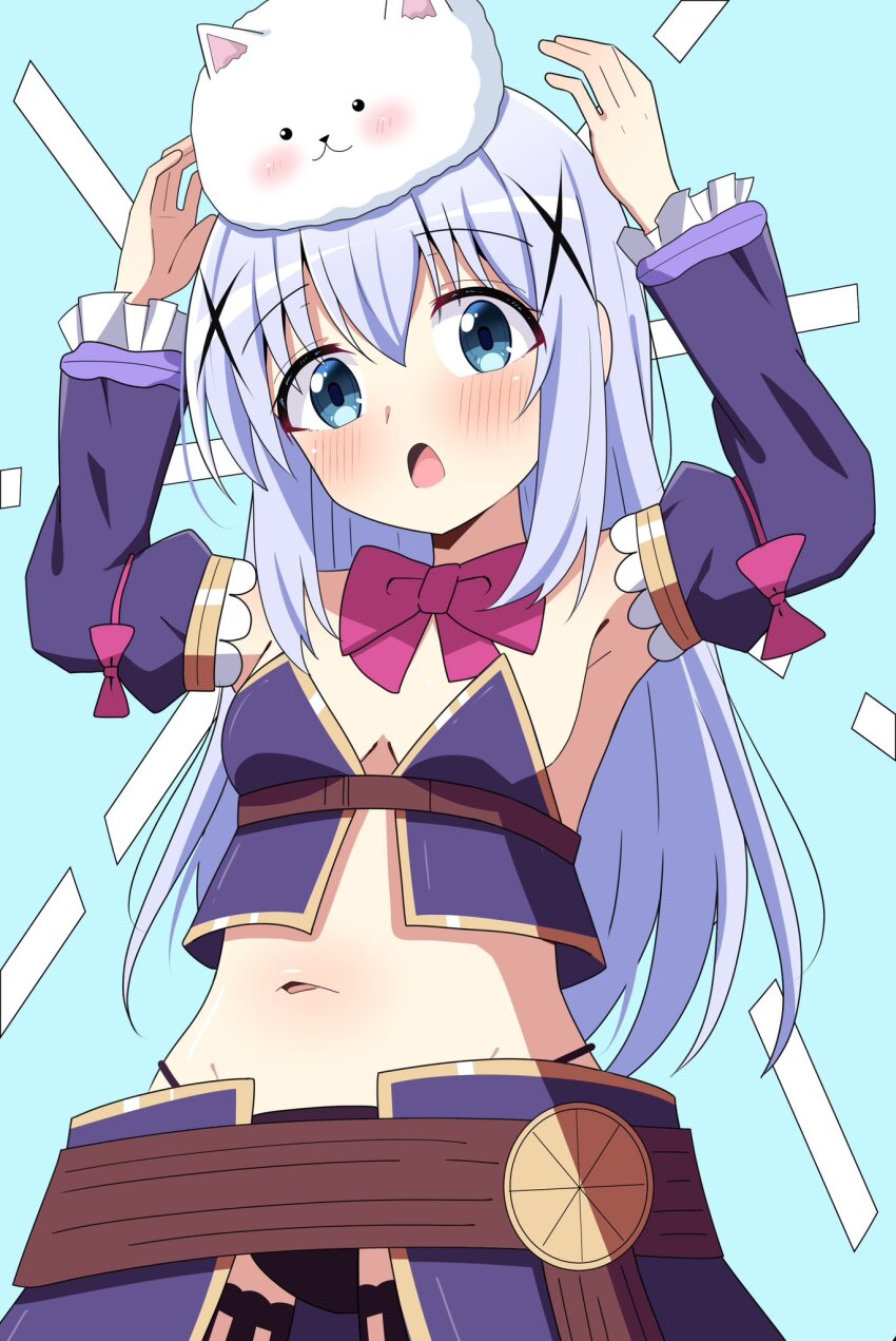 1girl black_panties blue_eyes blue_hair blue_skirt blue_sleeves blush breasts cosplay crisis_management_form_(machikado_mazoku) crop_top detached_sleeves gochuumon_wa_usagi_desu_ka? hair_ornament highres hosinonana kafuu_chino long_hair looking_at_viewer machikado_mazoku navel open_mouth panties skirt small_breasts tippy_(gochiusa) underwear x_hair_ornament yoshida_yuuko_(machikado_mazoku) yoshida_yuuko_(machikado_mazoku)_(cosplay)