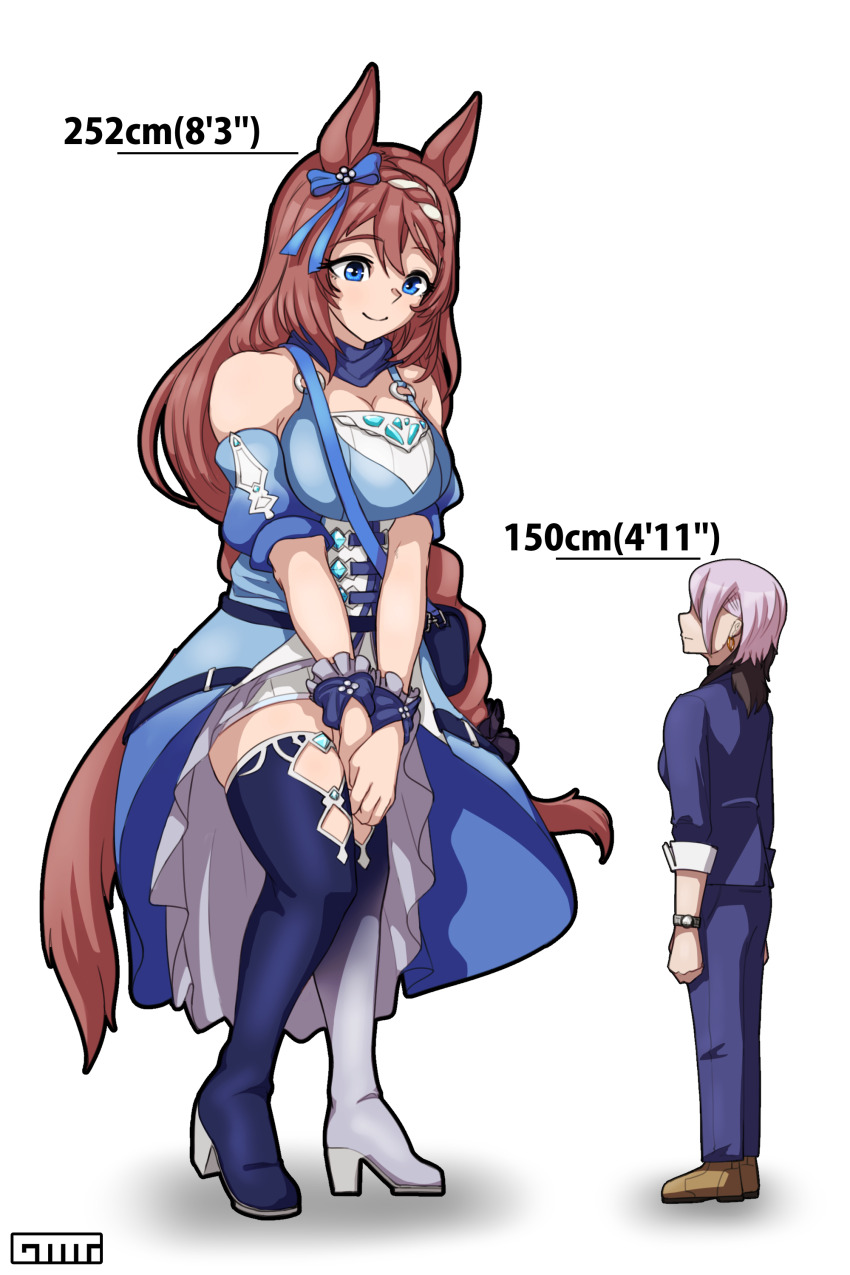 2girls absurdres animal_ears asymmetrical_footwear bag bare_shoulders black_hair blue_bag blue_boots blue_dress blue_eyes blue_jacket blue_pants blue_scarf blue_suit blush boots bow braid braided_ponytail breasts brown_hair closed_mouth dress ear_bow earrings formal_clothes gasmaskfox giant giantess hair_between_eyes height_difference highres hoop_earrings horse_ears horse_girl horse_tail jacket jewelry large_breasts long_hair mismatched_footwear multicolored_hair multiple_girls nase_fumino pants purple_hair revision scarf short_hair shoulder_bag smile streaked_hair suit super_creek_(murmuring_stream)_(umamusume) super_creek_(umamusume) tail tall_female thigh_boots umamusume umamusume:_cinderella_gray very_long_hair watch white_boots white_hair wristwatch
