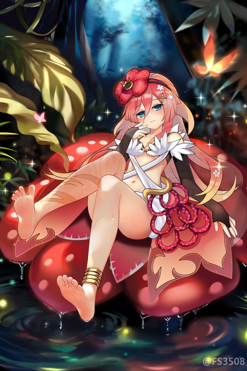 1girl absurdres barefoot blue_eyes breasts bush commission detached_sleeves duel_monster feet flower fs_(sdamsd21321) highres jungle legs long_hair midriff nature navel pink_hair rafflesia_(flower) small_breasts smile soles solo stomach toes traptrix_rafflesia tree water wetland yu-gi-oh!