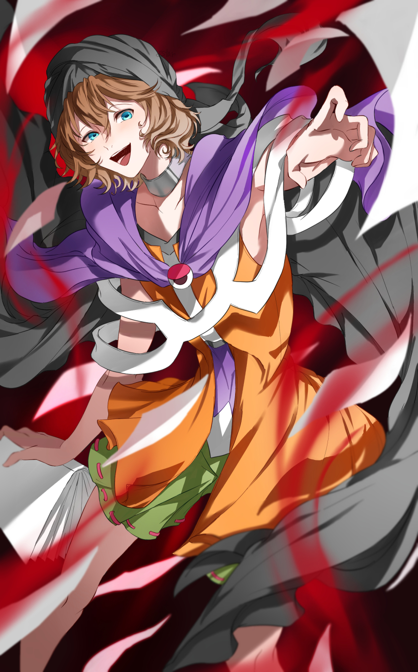 1other absurdres androgynous attack bandana black_bandana black_cape blue_eyes book brown_hair cape choker cine_hamal collarbone commentary_request eye_brooch eye_of_senri feet_out_of_frame floating_clothes green_shorts hair_between_eyes happy highres holding holding_book jacket kuzu_suzumi len&#039;en magic open_clothes open_jacket open_mouth orange_jacket other_focus outstretched_hand paper purple_scarf purple_shirt red_background ribbon-trimmed_shorts ribbon_trim scarf shirt short_hair shorts sleeveless sleeveless_jacket smile solo teeth turban two-tone_shirt white_choker white_shirt yoni.