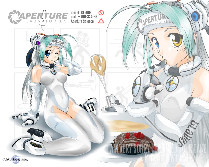 1girl aqua_hair baking batter blue_eyes cake cake_batter cameltoe elbow_gloves english_text food glados glados-tan gloves green_hair hat heterochromia hoihoisan_(artist) kneeling licking licking_finger meme one_eye_closed pastry personification portal_(series) portal_1 sitting spandex spoilers tasting the_cake_is_a_lie_(meme) thighhighs whisk wink yellow_eyes young_wang