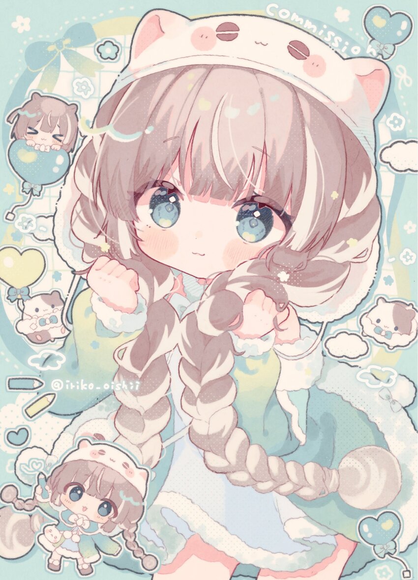 &gt;_&lt; 1girl :3 animal_ear_headwear animal_ears blue_dress blue_eyes blunt_bangs blush braid brown_hair brown_shoes chibi closed_mouth coat commentary commission cowboy_shot dress fake_animal_ears fur-trimmed_coat fur-trimmed_dress fur_trim green_coat hamster hamster_ears hat heart highres holding holding_own_hair indie_virtual_youtuber kamizakana_iriko long_hair long_sleeves looking_at_viewer multicolored_hair open_clothes open_coat open_mouth piko_pinapi_(vtuber) shoes skeb_commission smile streaked_hair twin_braids twitter_username white_hair white_hat x3