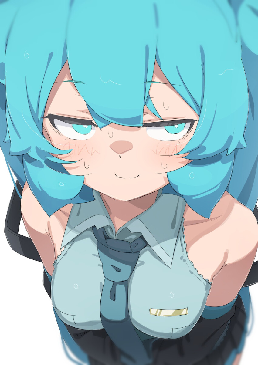 1girl :3 abmayo armpit_crease bare_shoulders blue_eyes blue_hair blush breasts collared_shirt detached_sleeves hatsune_miku highres looking_at_viewer medium_breasts name_tag necktie pleated_skirt shirt simple_background skirt smug solo sweat sweatdrop teasing twintails vocaloid