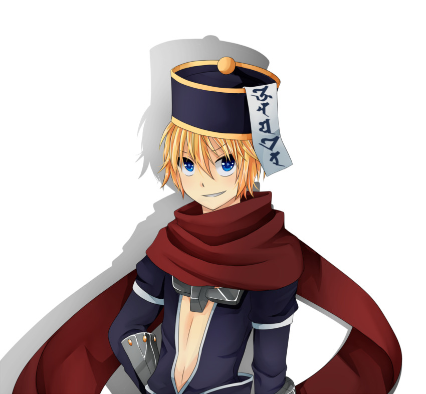 1boy assassin_cross_(ragnarok_online) black_hat black_shirt blonde_hair blue_eyes commentary_request grin hair_between_eyes hat looking_at_viewer male_focus meiko_(nattu303) ofuda open_clothes open_shirt qingdai_guanmao ragnarok_online red_scarf scarf shadow shirt short_hair simple_background smile solo transparent_background upper_body v-shaped_eyebrows vambraces