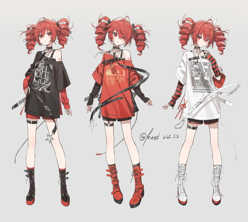 1girl absurdres belt black_boots black_shirt boots drill_hair full_body hair_ribbon hand_on_own_hip highres kasane_teto kieed lace-up_boots layered_sleeves long_shirt long_sleeves multiple_views red_boots red_eyes red_hair red_shirt revision ribbon shirt sleeves_past_wrists smile standing thigh_belt thigh_strap twin_drills utau white_boots white_shirt