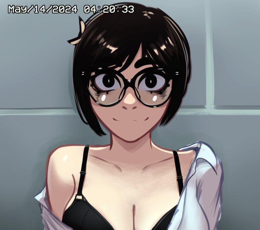 1girl absurdres black-framed_eyewear black_bra black_eyes black_hair bra breasts collared_shirt dated disheveled dress_shirt glasses highres large_breasts looking_at_viewer makeup mugshot necktie off-shoulder_shirt off_shoulder open_clothes open_shirt original ponytail rosen_(veyonis) runny_makeup shirt smile solo unbuttoned underwear veyonis white_shirt wide-eyed