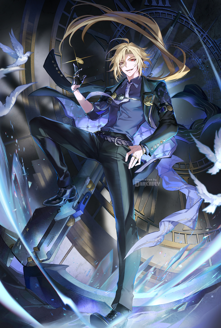 1boy ahoge black_gloves black_jacket black_pants black_shoes blonde_hair coin collared_shirt commentary darkavey floating_hair gloves grey_eyes half_gloves heterochromia highres hugo_vlad jacket jewelry leg_up long_hair looking_at_viewer male_focus multiple_rings necktie open_clothes open_jacket pants parted_bangs pointy_ears purple_necktie purple_shirt red_eyes ring shirt shoes solo thumb_in_pocket very_long_hair zenless_zone_zero