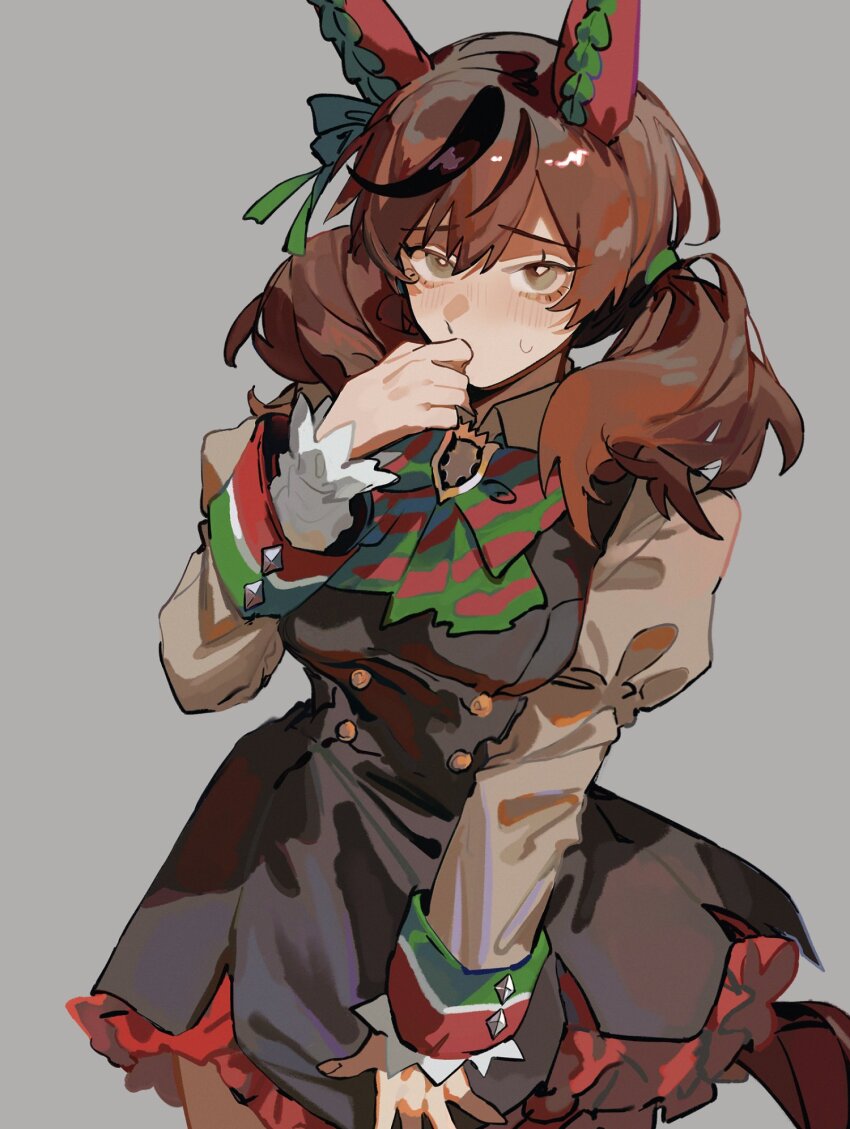 1girl akmizuk animal_ears black_dress bow bowtie breasts brown_eyes brown_hair brown_shirt commentary cowboy_shot diagonal-striped_bow diagonal-striped_bowtie diagonal-striped_clothes dress ear_covers english_commentary frilled_dress frills green_bow green_bowtie grey_background hair_tie hand_to_own_mouth highres horse_ears horse_girl juliet_sleeves long_sleeves multicolored_bow multicolored_bowtie nice_nature_(umamusume) puffy_sleeves red_bow red_bowtie shirt simple_background sleeve_cuffs sleeveless sleeveless_dress solo striped_bow striped_bowtie striped_clothes tail twintails two-tone_bow two-tone_bowtie umamusume