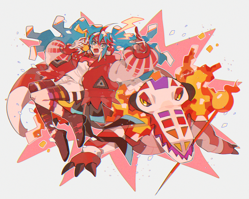 1girl absurdres aqua_hair claws colored_sclera commentary crocodile crocodilian fire fire_bird_(skeledirge) fire_miku_(project_voltage) gloves hatsune_miku headphones highres jacket kawasaki_(kwsk_8765) long_hair multicolored_hair music musical_note nintendo open_clothes open_jacket open_mouth pokemon pokemon_(creature) project_voltage puffy_sleeves shirt singing skeledirge twintails vocaloid yellow_eyes