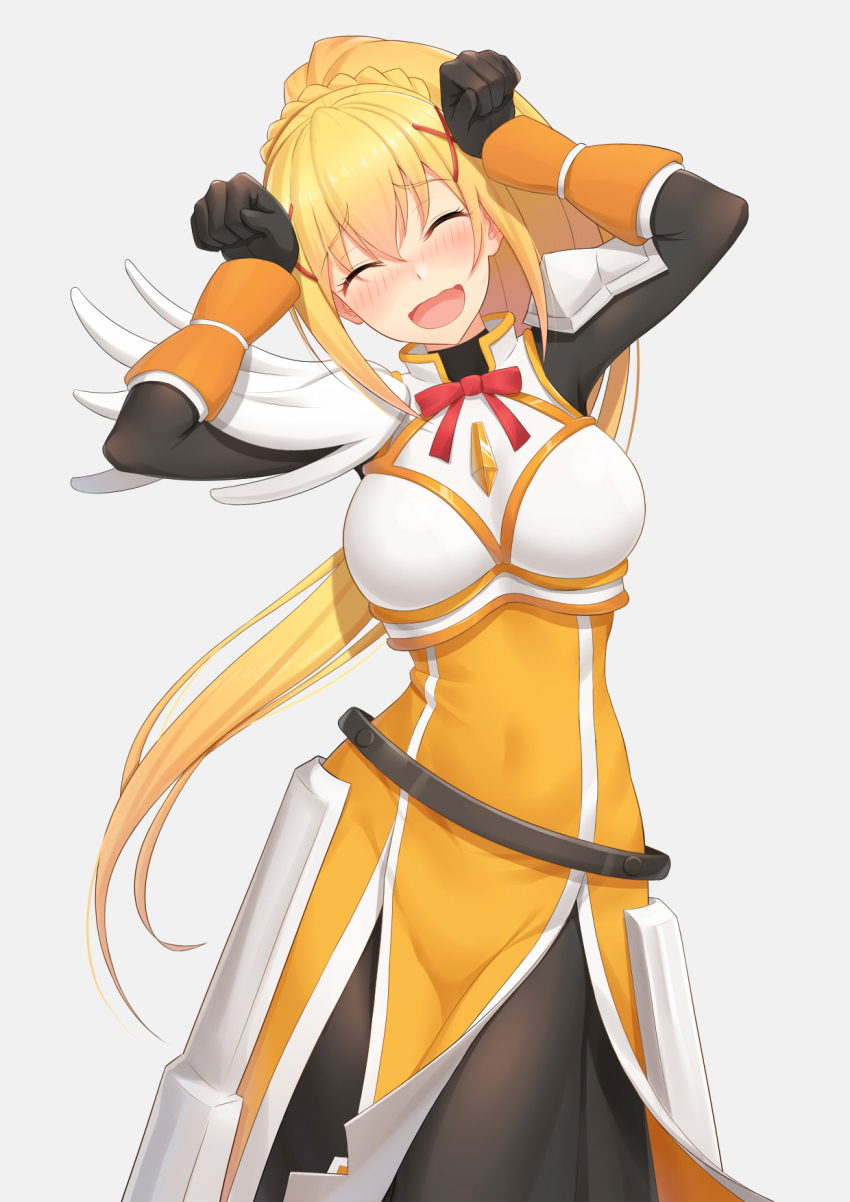 1girl anarchojs armor blonde_hair blush bodystocking caramelldansen closed_eyes covered_navel dancing darkness_(konosuba) female_focus hair_ornament highres kono_subarashii_sekai_ni_shukufuku_wo! ponytail simple_background solo tomorrow_(konosuba) x_hair_ornament