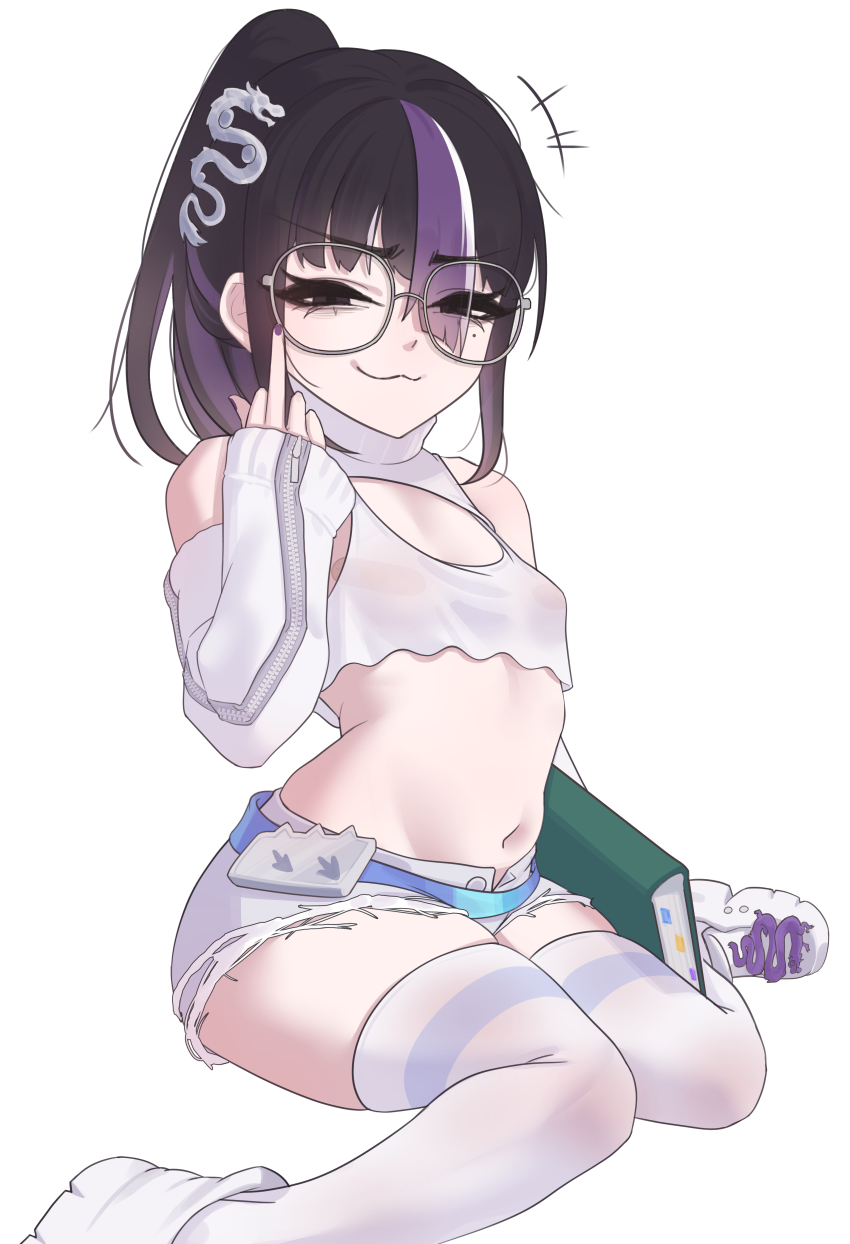 +++ 1girl :3 absurdres bandaid bandaids_on_nipples belt black_hair book cchiii cleavage_cutout clothing_cutout commentary_request cosplay cropped_shirt detached_sleeves dinosaur_footprints dragon dragon_hair_ornament flat_chest full_body glasses goddess_of_victory:_nikke hair_over_one_eye hand_up high_ponytail highres korean_commentary long_sleeves medium_hair middle_finger midriff mole mole_under_eye moran_(nikke) moran_(nikke)_(cosplay) moran_(off-duty_queen)_(nikke) multicolored_hair navel pasties ponytail purple_eyes purple_hair see-through_clothes see-through_shirt shirt shoes short_shorts shorts simple_background sitting skindentation sneakers solo streaked_hair syuen_(nikke) thighhighs torn_clothes torn_shorts wariza white_background white_hair zipper zipper_pull_tab