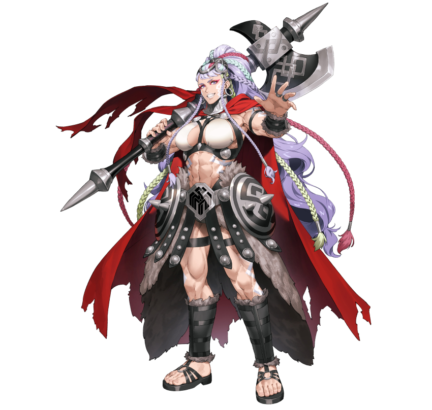 1girl abs absurdres armor axe battle_axe blue_hair braid breasts cape chyko commentary_request earrings facial_mark fire_emblem fire_emblem_heroes full_body fur_trim highres holding holding_weapon jewelry lips long_hair looking_at_viewer makeup multicolored_hair muscular muscular_female nintendo o-ring over_shoulder parted_lips pink_hair platform_sandals ponytail purple_eyes purple_hair sandals simple_background smile solo standing thjazi_(fire_emblem) toeless_footwear toes weapon weapon_over_shoulder