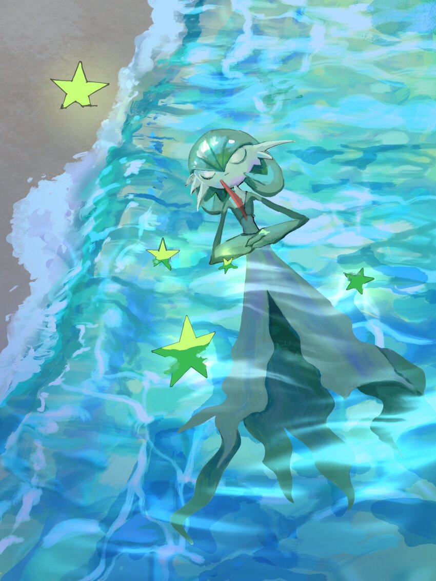 afloat bob_cut closed_eyes colored_skin dress gardevoir gen_3_pokemon green_hair green_skin highres multicolored_skin mxlaghrsuk33yws nintendo own_hands_together pokemon pokemon_(creature) star_(symbol) two-tone_skin water white_dress white_skin