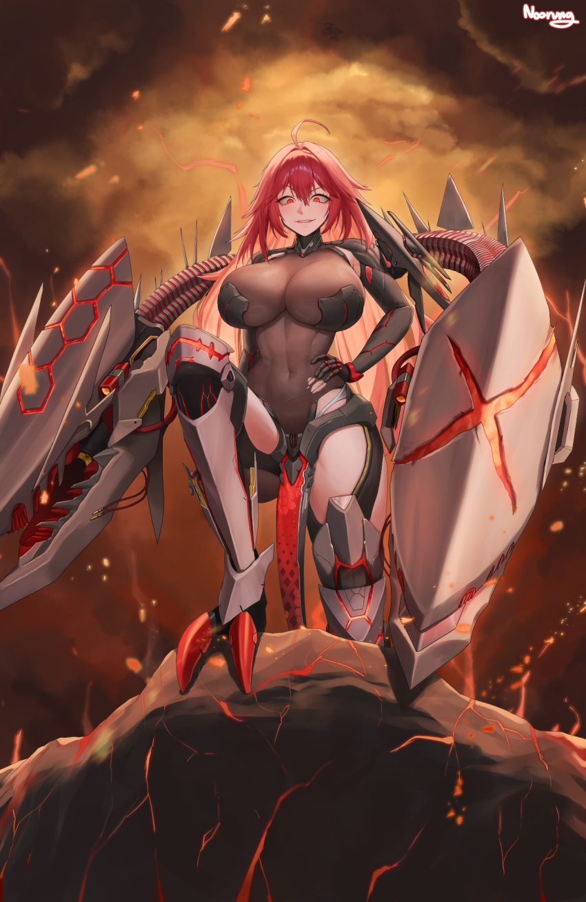 1girl ahoge arm_armor armor armored_boots black_armor bodystocking boobplate boots breastplate breasts cleavage clothing_cutout cloud cloudy_sky commentary covered_navel goddess_of_victory:_nikke hair_between_eyes hand_on_own_hip highres large_breasts leg_cutout long_hair looking_down mechanical_tail nihilister_(nikke) noorung parted_lips pelvic_curtain red_eyes red_hair rigging see-through_cleavage see-through_clothes sidelocks signature sky smile solo standing tail torn_bodystocking torn_clothes