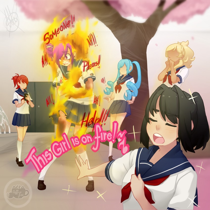 5girls ayano_aishi black_hair blonde_hair blue_hair burning cooking drill_hair fire highres kokona_haruka_(yandere_simulator) light_blue_hair multiple_girls murder musume_ronshaku ponytail purple_hair red_hair rio_(summer_memories) saki_miyu school school_uniform serafuku short_hair tree yandere_simulator yui_(summer_memories)