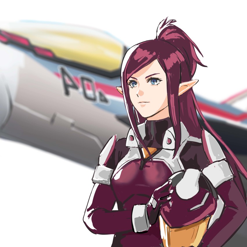 1girl absurdres blue_eyes blurry blurry_background bodysuit unworn_headwear helmet unworn_helmet highres macross macross_delta mecha mirage_farina_jenius nekkikamille pilot pilot_suit pointy_ears purple_hair robot science_fiction simple_background sketch spacesuit upper_body variable_fighter vf-31