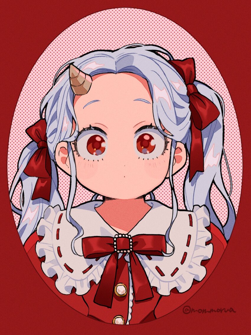 1girl boku_no_hero_academia dress eri_(boku_no_hero_academia) grey_hair hair_ribbon highres horns long_hair looking_at_viewer mommorua red_dress red_eyes red_ribbon ribbon single_horn solo twintails