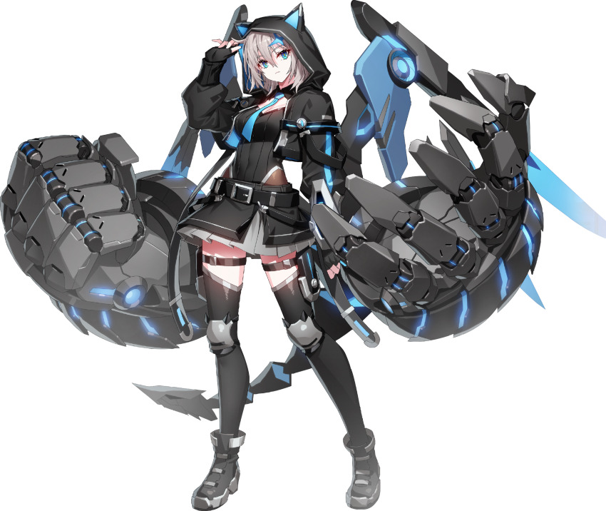 1girl absurdres animal_ears animal_hood ankle_boots belt black_belt black_gloves black_shirt black_skirt blue_eyes blue_necktie boots breasts cat_hood cropped_jacket detached_collar diamond_(shape) fake_animal_ears fingerless_gloves gloves grand_chase grey_hair hair_ornament highleg highres holster hood knee_pads mechanical_hands mechanical_tail medium_breasts medium_hair miniskirt necktie official_alternate_costume official_art puffy_sleeves ribbed_shirt shirt skirt sleeves_past_wrists slit_pupils strap tail thigh_holster thigh_strap thighs tiamat_(grand_chase) wing_collar