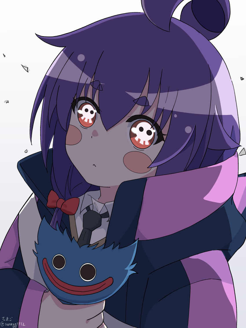 1girl :&lt; absurdres ahoge blush_stickers character_doll dark_gathering highres houzuki_yayoi huggy_wuggy necktie poppy_playtime purple_hair skull-shaped_pupils solo sunegg1112 symbol-shaped_pupils