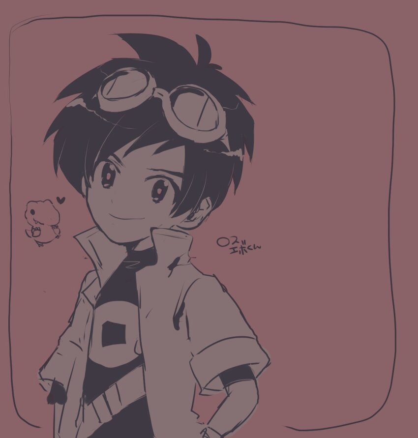 agumon digimon digimon_(creature) digimon_story:_lost_evolution goggles goggles_on_head heart highres jacket looking_at_viewer shu_(digimon) smile tail