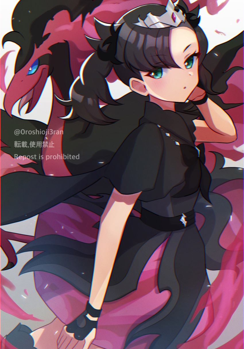 0roshioji3ran 1girl belt black_belt black_dress black_gloves black_hair commentary_request dress eyelashes fingerless_gloves galarian_form galarian_moltres game_freak gen_8_pokemon gloves green_eyes hand_up highres legendary_pokemon looking_at_viewer marnie_(champion)_(pokemon) marnie_(pokemon) nintendo official_alternate_costume pokemon pokemon_(creature) pokemon_masters_ex tiara twintails watermark