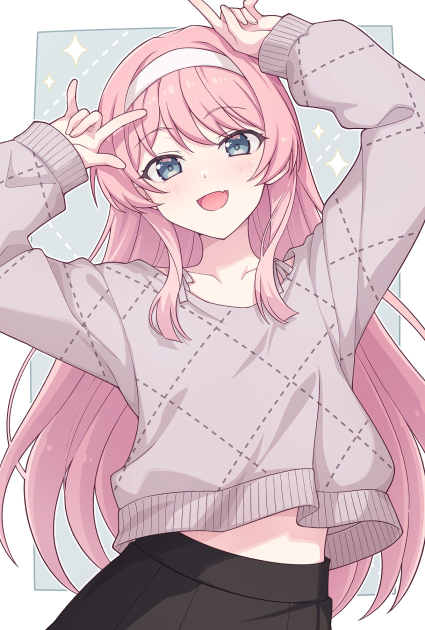 1girl :d arms_up bang_dream! bang_dream!_it&#039;s_mygo!!!!! black_skirt blue_eyes blush border chihaya_anon collarbone commentary_request e20 fang grey_eyes grey_sweater hairband highres long_hair long_sleeves looking_at_viewer open_mouth outside_border partial_commentary pink_hair pleated_skirt puffy_long_sleeves puffy_sleeves skin_fang skirt sleeves_past_wrists smile solo sweater white_border white_hairband