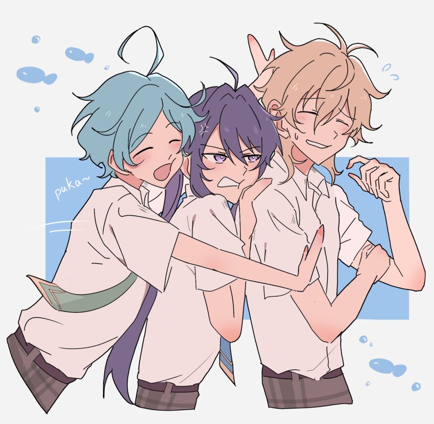 3boys :d ahoge anger_vein annoyed antenna_hair belt blue_background blue_necktie blush brown_belt bubble cheek_squash closed_eyes collared_shirt cropped_legs curled_fingers ensemble_stars! fish flying_sweatdrops green_necktie grey_pants hair_between_eyes hair_intakes hakaze_kaoru hand_on_another&#039;s_shoulder hand_on_own_arm hand_up highres hug hug_from_behind kanzaki_souma leaning_forward leaning_on_person long_hair looking_at_another male_focus medium_hair multiple_boys necktie open_mouth pants parted_bangs plaid_clothes plaid_pants ponytail purple_eyes purple_hair pushing raised_eyebrows school_uniform shinkai_kanata shirt shirt_tucked_in short_hair short_sleeves sidelocks smile summer_uniform sweatdrop v-shaped_eyebrows very_long_hair white_background white_shirt whiten_wolf wolf_cut yumenosaki_school_uniform