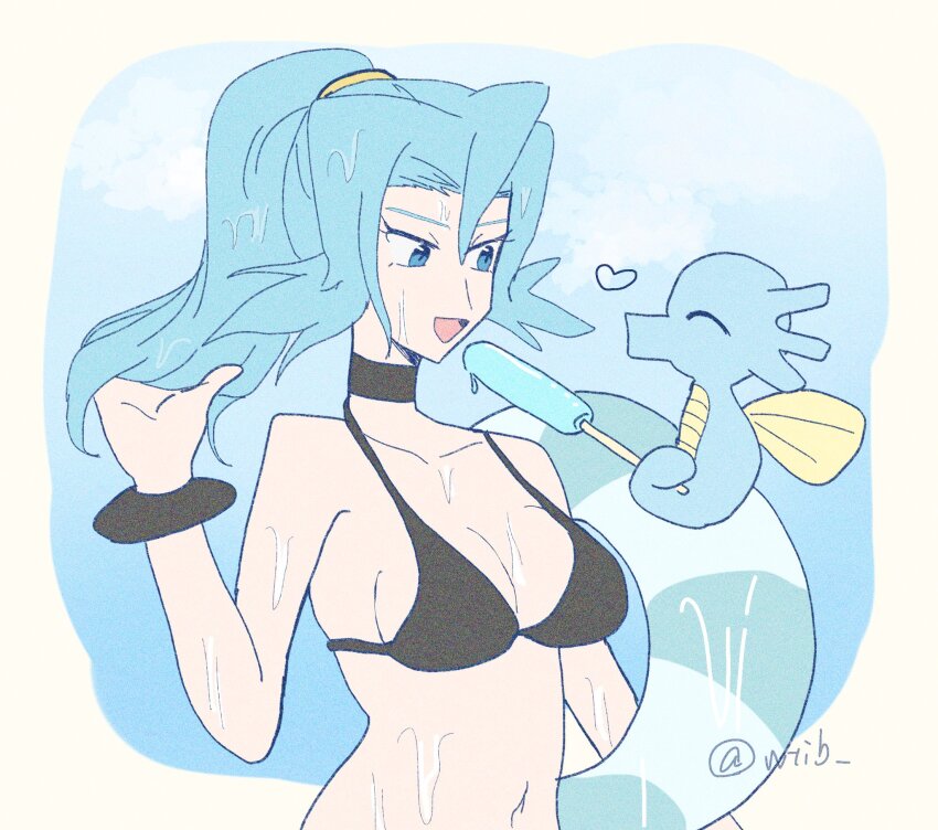 alternate_costume bikini blue_eyes blue_hair bracelet breasts choker clair_(pokemon) collarbone food gen_1_pokemon heart highres horsea innertube jewelry long_hair looking_at_another medium_breasts navel nintendo open_mouth pokemon pokemon_hgss ponytail popsicle shu_(witb_) smile swim_ring swimsuit upper_body
