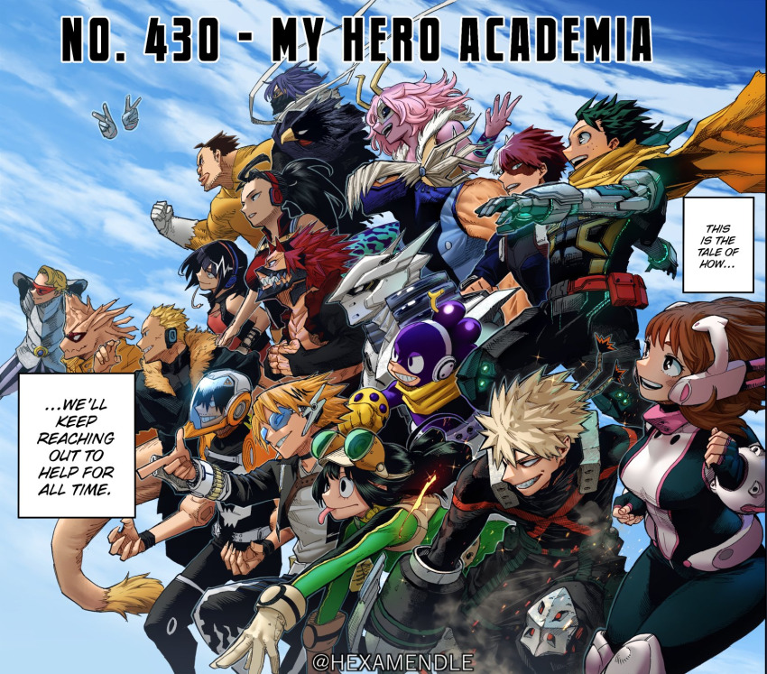 6+boys 6+girls aged_up aoyama_yuuga armor ashido_mina asui_tsuyu bakugou_katsuki bald belt bird bird black_hair blonde_hair bodysuit boku_no_hero_academia breasts brown_eyes brown_hair cape cleavage colored_skin colorized dimples eye_mask frog_girl green_eyes green_hair hagakure_toru headset helmet heterochromia hexamendle highres horikoshi_kouhei horns iida_tenya invisible jiro_kyoka kaminari_denki kirishima_eijirou knee_pads kouda_kouji large_breasts long_hair mask medium_hair midoriya_izuku mineta_minoru monster_boy monster_girl multicolored_hair multiple_boys multiple_girls navel no_nose ojiro_mashirao pink_hair pink_skin ponytail red_eyes red_hair satou_rikidou sero_hanta shinso_hitoshi shirt short_hair shouji_mezou sleeveless sleeveless_shirt smile sunglasses superhero_costume tail todoroki_shouto tokoyami_fumikage uraraka_ochako white_hair yaoyorozu_momo