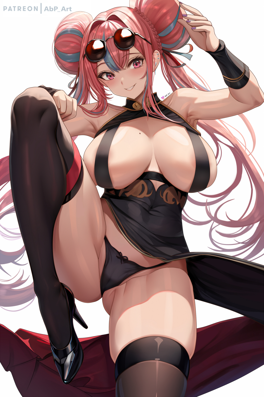 1girl abpart absurdres ass azur_lane black_dress black_panties breasts bremerton_(azur_lane) bremerton_(kung_fu_cruiser)_(azur_lane) china_dress chinese_clothes double_bun dress eyewear_on_head hair_bun high_heels highres large_breasts long_hair looking_at_viewer mole mole_on_breast mole_under_eye multicolored_hair official_alternate_costume panties pelvic_curtain pink_eyes pink_hair round_eyewear solo streaked_hair thighs thong underwear white_background wide_hips