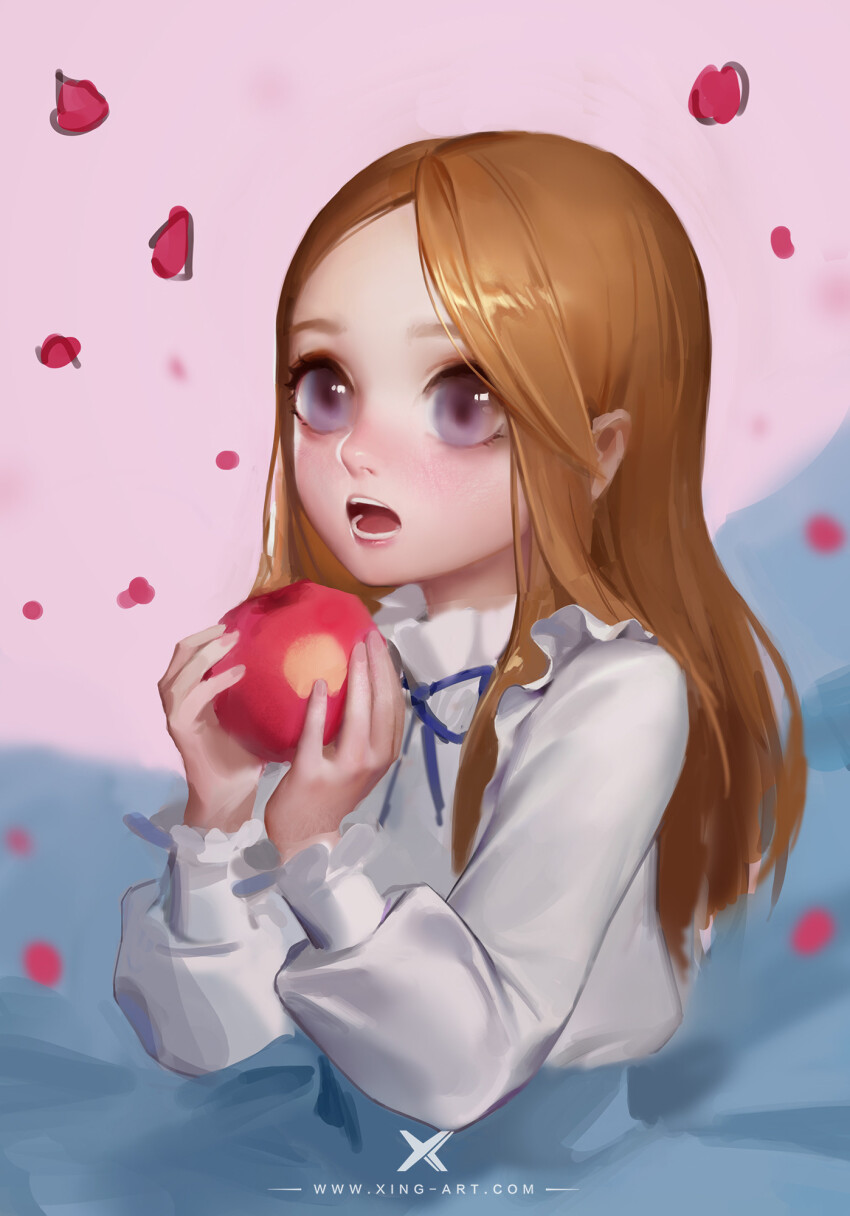 1girl apple blue_ribbon blue_sky brown_hair character_request chinese_commentary circle_skirt collared_shirt commentary_request copyright_request cowboy_shot eyelashes fingernails floating_clothes food frilled_shirt_collar frilled_sleeves frills fruit high-waist_skirt highres holding holding_food holding_fruit light_blush lips long_hair long_skirt long_sleeves neck_ribbon open_mouth petals pink_lips pleated_skirt puffy_long_sleeves puffy_sleeves purple_background purple_eyes ribbon rose_petals shirt sidelocks skirt sky starlab teeth white_shirt