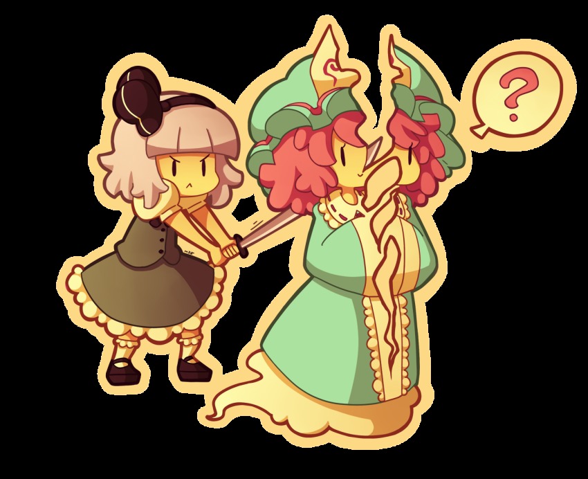 &gt;:&lt; 2girls :&lt; ? bisected black_footwear black_ribbon blue_dress closed_mouth daigada dress full_body ghost ghost_tail green_skirt green_vest hair_ribbon hairband hands_in_opposite_sleeves hat hitodama holding holding_sword holding_weapon japanese_clothes katana kimono konpaku_youmu konpaku_youmu_(ghost) long_sleeves mary_janes mob_cap multiple_girls pink_hair puffy_short_sleeves puffy_sleeves ribbon saigyouji_yuyuko shoes short_hair short_sleeves silver_hair simple_background skirt skirt_set sleeves_past_wrists sliced smile socks sword touhou transparent_background triangular_headpiece v-shaped_eyebrows vest weapon white_background white_legwear wide_sleeves |_|
