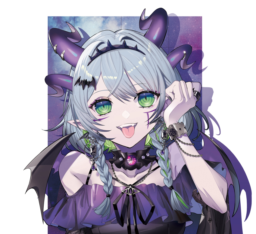 1girl apricot_the_lich apricot_the_lich_(froot_2.0) braid choker demon_girl demon_horns fangs green_eyes green_hair highres horns looking_at_viewer multicolored_hair multiple_horns pointy_ears puppeteer7777 smile solo streaked_hair twin_braids virtual_youtuber vshojo wings
