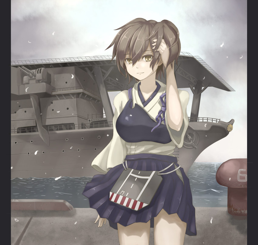 10s 1girl aircraft_carrier anti-aircraft anti-aircraft_gun blouse breasts brown_hair cherry_blossoms female_focus fiction_(forged) highres historical_name_connection japanese_clothes kaga_(aircraft_carrier) kaga_(kancolle) kantai_collection military military_vehicle muneate name_connection object_namesake personification petals pillarboxed revision ship shipyard shirt short_hair side_ponytail skirt smile solo vehicle_and_personification warship water watercraft