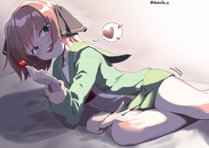 1girl black_ribbon blue_eyes brown_hair feet_out_of_frame green_jacket green_sailor_collar green_skirt hachijou_(kancolle) hair_ribbon heart highres jacket kantai_collection long_sleeves looking_at_viewer lying metadio neck_ribbon on_side one-hour_drawing_challenge pleated_skirt red_ribbon ribbon sailor_collar school_uniform serafuku short_hair skirt solo spoken_heart tongue tongue_out twitter_username
