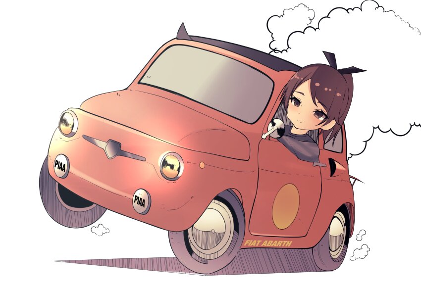1girl abarth absurdres brown_eyes brown_hair car commentary_request driving fiat hair_ribbon highres kantai_collection left-hand_drive motor_vehicle ponytail ribbon shikinami_(kancolle) short_hair smoke solo tf_cafe vehicle_request