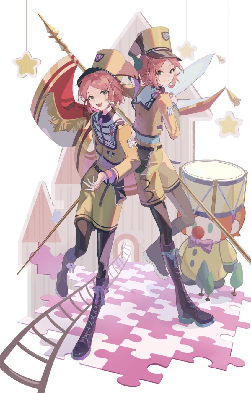 2boys 2wink_(ensemble_stars!) :d aiguillette angorausagi_(buxiangzhishi) aoi_hinata aoi_yuta belt belt_pouch bishounen black_belt black_boots black_pantyhose black_trim boots bow buckle cardboard clown_nose collared_jacket drum ensemble_stars! flag foot_up full_body green_bow green_eyes hair_ornament hairclip hat hat_tassel highres holding holding_flag idol instrument jacket jigsaw_puzzle knee_boots lace-up_boots light_smile long_sleeves looking_at_viewer looking_back male_focus medal multiple_boys official_alternate_costume open_mouth orange_hair pantyhose parted_bangs pocket pouch purple_bow puzzle railroad_tracks ribbed_shirt shako_cap shirt short_hair shorts smile star_(symbol) stuffed_toy turning_head yellow_hat yellow_jacket yellow_shorts