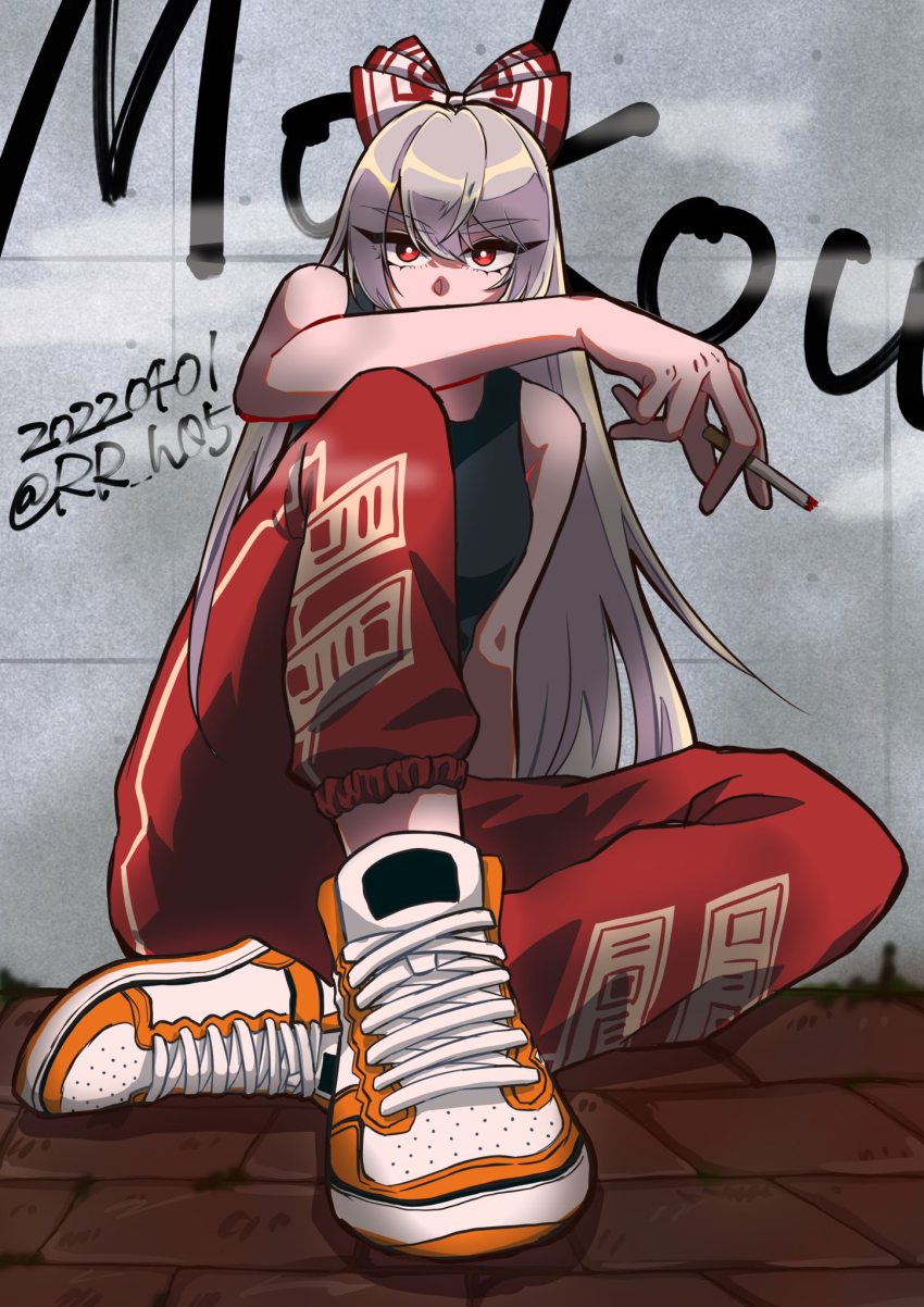 1girl artist_name bare_shoulders black_shirt bow character_name cigarette cobblestone contemporary dated fujiwara_no_mokou full_body hair_bow highres holding holding_cigarette long_hair looking_at_viewer on_ground pants red_eyes red_pants rhodium_(rh) shirt shoes sitting sleeveless sleeveless_shirt sneakers solo touhou white_hair