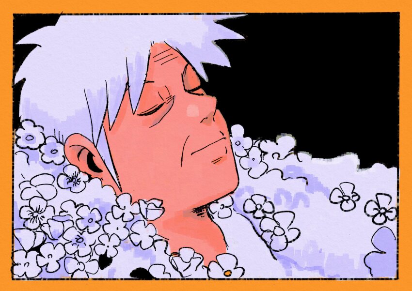 1boy absurdres akagi_shigeru border closed_eyes closed_mouth commentary flower fukumoto_mahjong grey_flower grey_hair grey_shirt highres male_focus old old_man orange_border portrait shirt short_hair solo symbol-only_commentary ten_(manga) tzk6996 wrinkled_skin