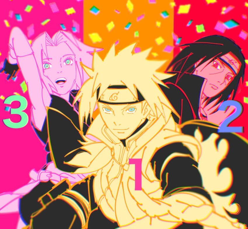 1girl 2boys arm_up armpits bandaged_leg bandages bike_shorts_under_skirt black_gloves black_hair black_vest blonde_hair blue_eyes confetti dress elbow_sleeve flame_print forehead_protector gloves green_eyes haruno_sakura high_collar hokage k00399608 long_sleeves miniskirt monochrome multiple_boys namikaze_minato naruto_(series) naruto_shippuuden open_mouth pink_hair red_eyes skirt sleeveless sleeveless_dress sleeveless_jacket smile spiked_hair spot_color uchiha_itachi vest