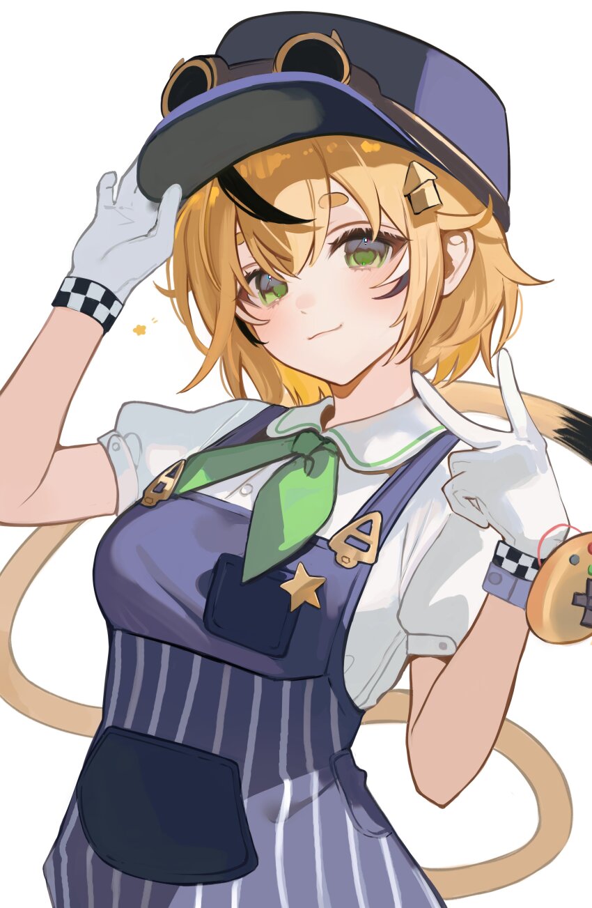 1girl absurdres adjusting_clothes adjusting_headwear ascot black_hair blonde_hair blue_hat blue_overalls closed_mouth collared_shirt dooby_(vtuber) gloves goggles goggles_on_headwear green_ascot green_eyes hat highres indie_virtual_youtuber jerboa_tail katsubaoo looking_at_viewer mouse_girl multicolored_hair overalls puffy_short_sleeves puffy_sleeves shirt short_hair short_sleeves simple_background solo streaked_hair tail train_conductor v virtual_youtuber white_background white_gloves white_shirt