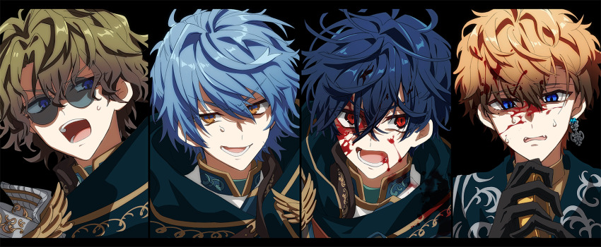 4boys black_background black_hair blonde_hair blood blood_on_face blue_eyes blue_hair brown_hair faust_lavinia hair_between_eyes heathcliff_blanchett highres mahoutsukai_no_yakusoku male_focus multiple_boys naruta_iyo nero_turner portrait purple_eyes red_eyes round_eyewear shaded_face shino_sherwood short_hair wavy_hair yellow_eyes