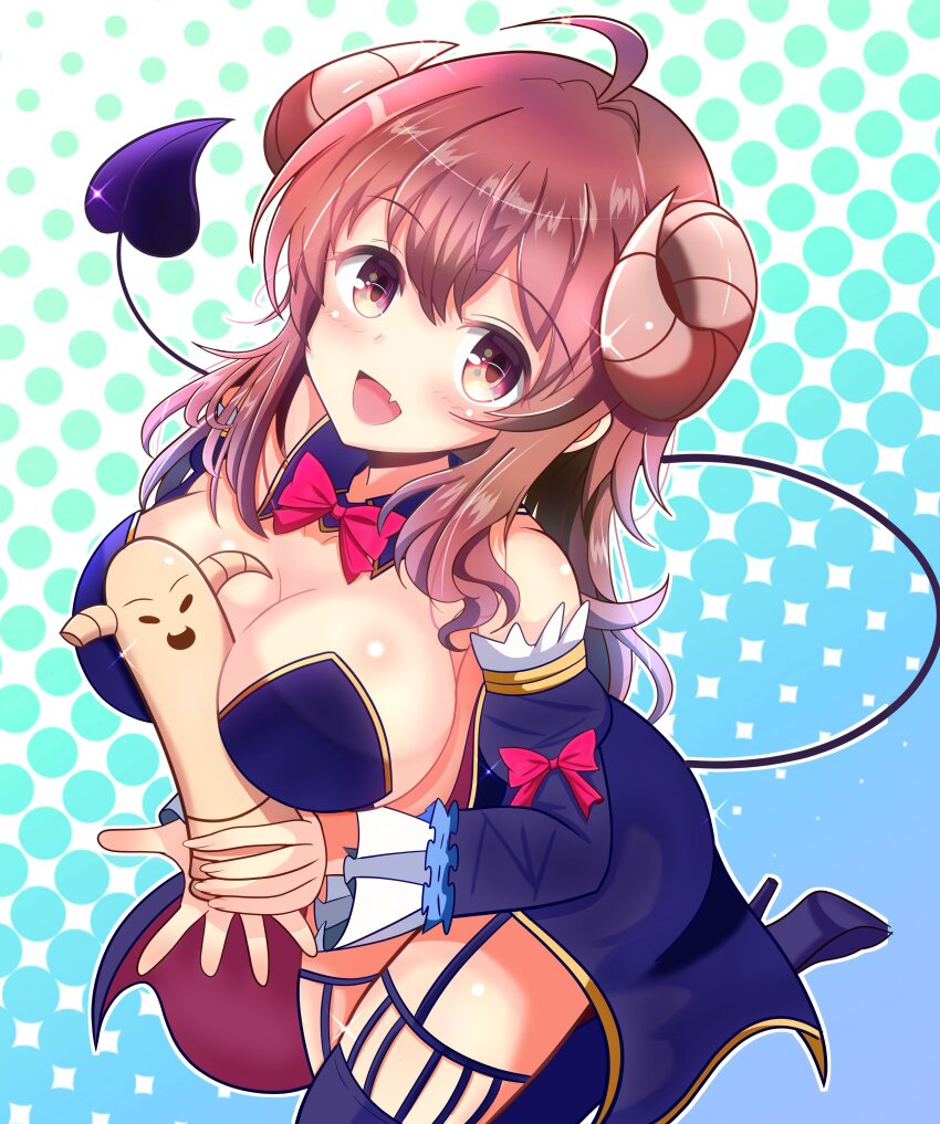1girl absurdres ahoge black_thighhighs blush bow bowtie breasts brown_eyes brown_hair cleavage demon_girl demon_horns demon_tail fang garter_straps highres horns kumaisao large_breasts long_hair looking_at_viewer machikado_mazoku open_mouth pink_bow pink_bowtie smile solo tail thighhighs yoshida_yuuko_(machikado_mazoku)