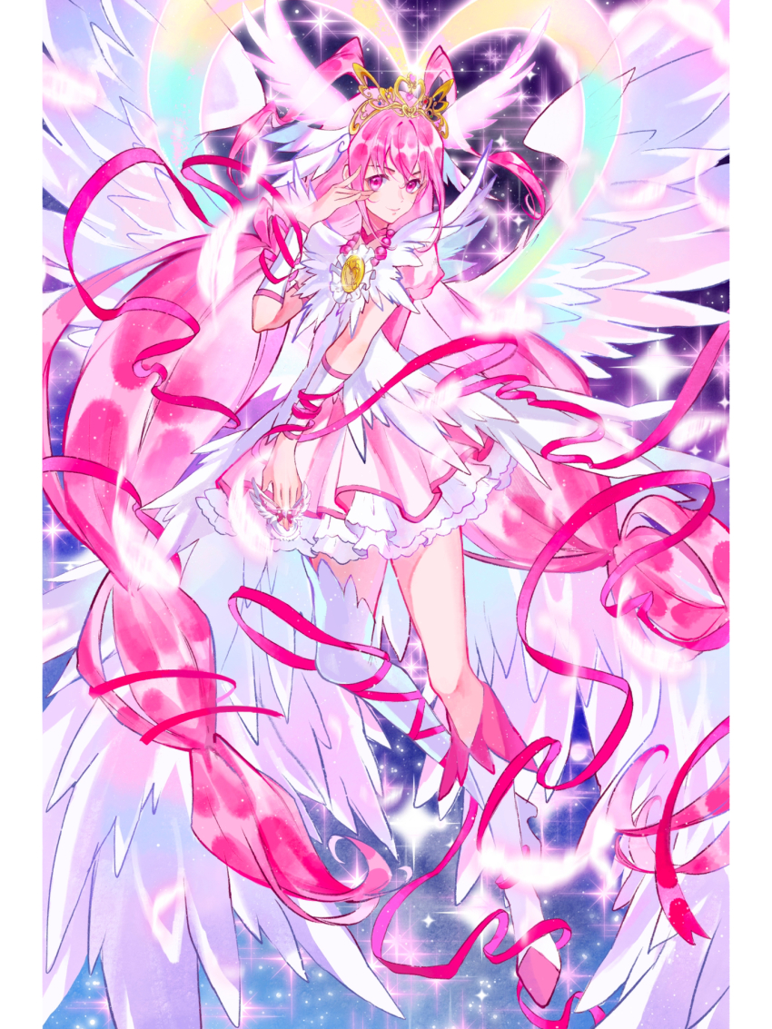 1girl absurdly_long_hair angel_wings arm_ribbon bead_necklace beads boots border bow bowtie chinese_commentary closed_mouth coat coattails commentary_request cure_happy dress feather-trimmed_coat feathered_wings feathers full_body gold_tiara hair_between_eyes hair_ribbon hand_on_own_face happy head_wings heart highres hoshizora_miyuki inhan jewelry knee_boots knees leg_ribbon light_particles long_hair looking_at_viewer low_twintails magical_girl multi-tied_hair multiple_wings necklace pillarboxed pink_bow pink_bowtie pink_dress pink_eyes pink_hair pink_ribbon precure procreate_(medium) puffy_short_sleeves puffy_sleeves ribbon short_sleeves sidelocks single_thighhigh sleeveless sleeveless_coat smile smile_precure! solo space sparkle spread_wings thighhighs twintails ultra_cure_happy very_long_hair white_arm_warmers white_boots white_border white_bow white_bowtie white_coat white_thighhighs white_wings wings