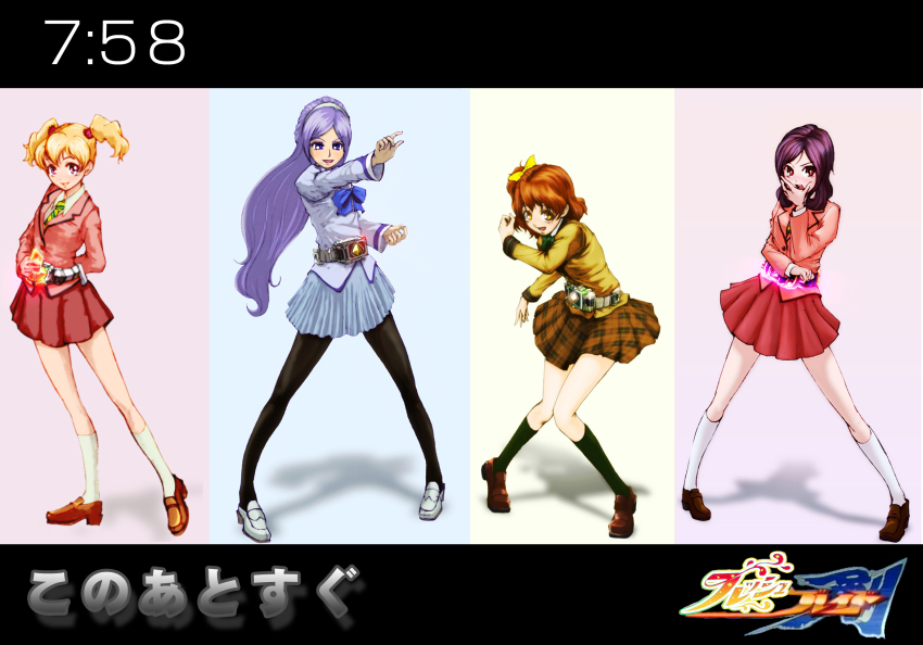 4girls aono_miki belt crossover fresh_precure! goru_(cure_golgom) henshin henshin_pose higashi_setsuna highres kamen_rider kamen_rider_blade kamen_rider_blade_(series) kamen_rider_chalice kamen_rider_garren kamen_rider_leangle momozono_love multiple_girls pantyhose parody precure rider_belt school_uniform yamabuki_inori