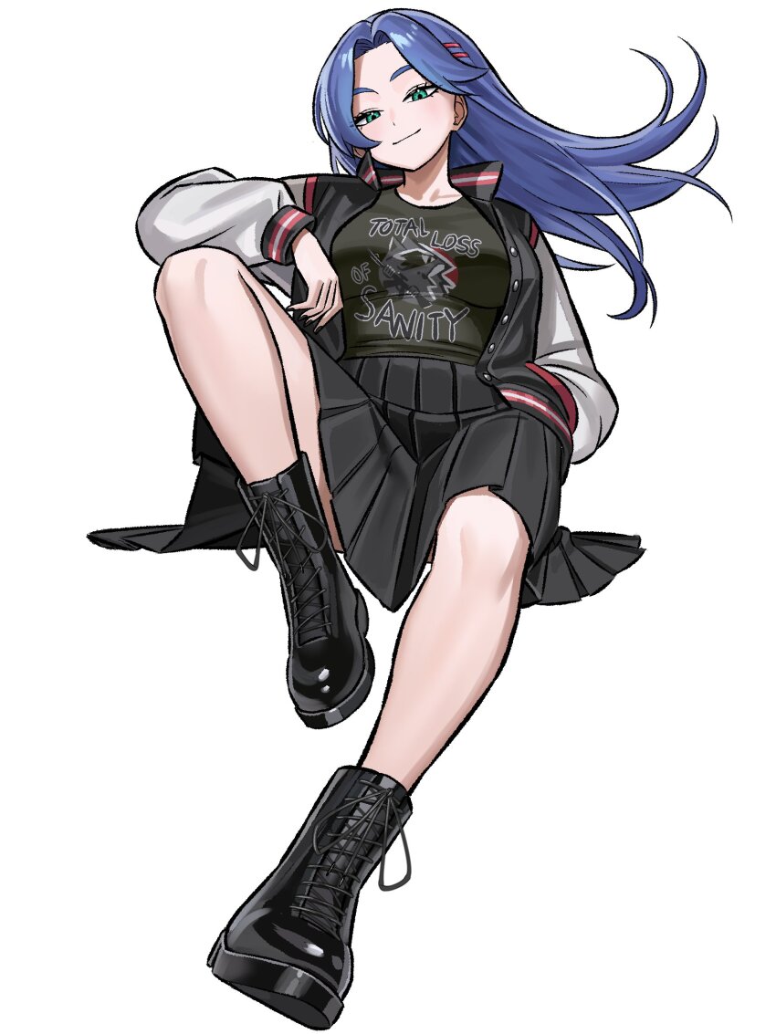 1girl absurdres aqua_eyes black_boots black_nails black_shirt black_skirt blue_hair boots breasts closed_eyes closed_mouth full_body hair_ornament hairclip highres jacket knee_up large_breasts latex latex_boots long_sleeves looking_at_viewer original parted_bangs shirt sitting skirt smile solo t-shirt thighs zeon_(zzeeonn)